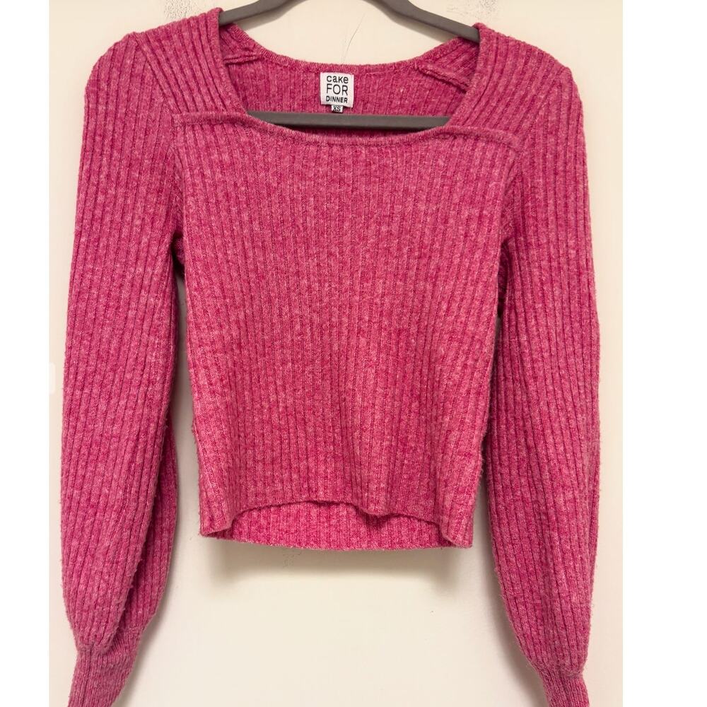 Cake for Dinner Cropped Balloon Sleeve Ribbed Knit Sweater XS Pink Square Neck